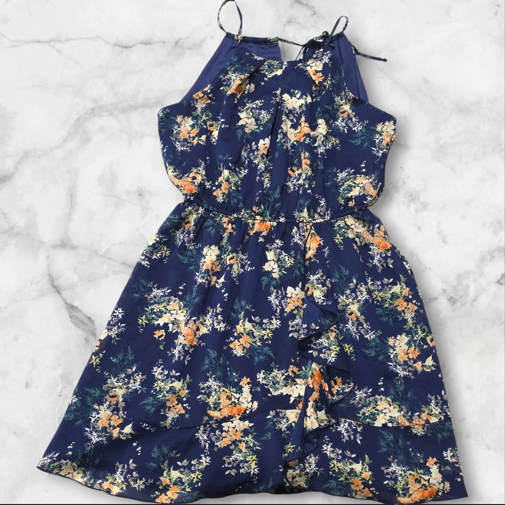 Sequin Hearts Navy Blue Floral Woman's Spaghetti Strap Dress Size Medium (M) B79